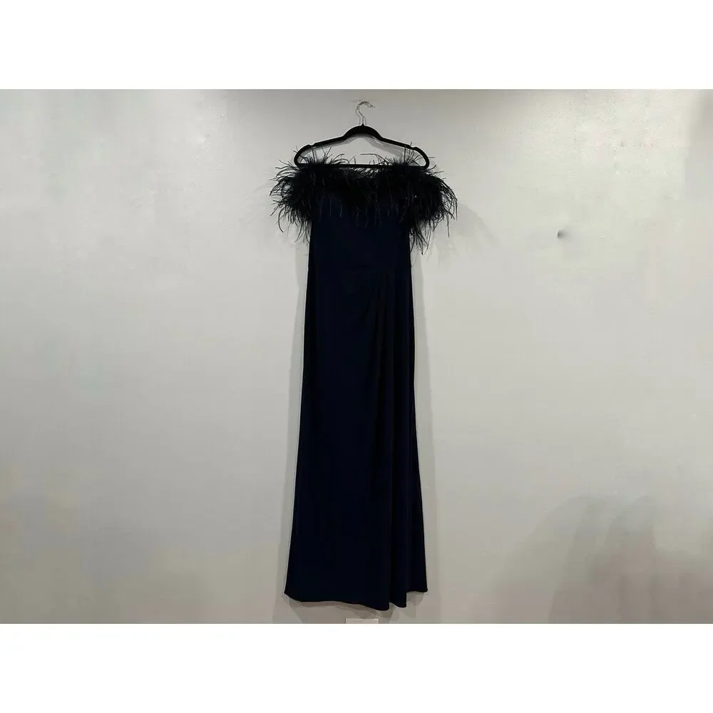 Alex Evenings Off-the-Shoulder Jersey Gown Slit Maribou Feather Trim Navy 14 NEW